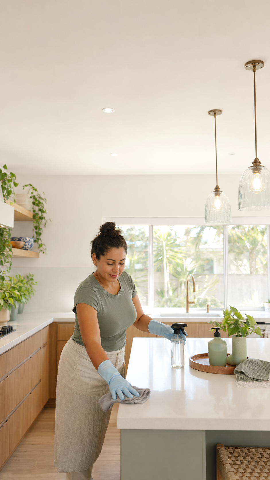 Professional cleaner wiping a kitchen counter in a bright San Diego home